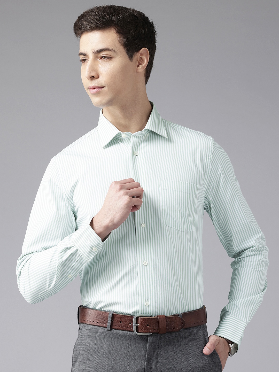 

Blackberrys Slim Fit Bengal Stripes Opaque Striped Casual Shirt, Green