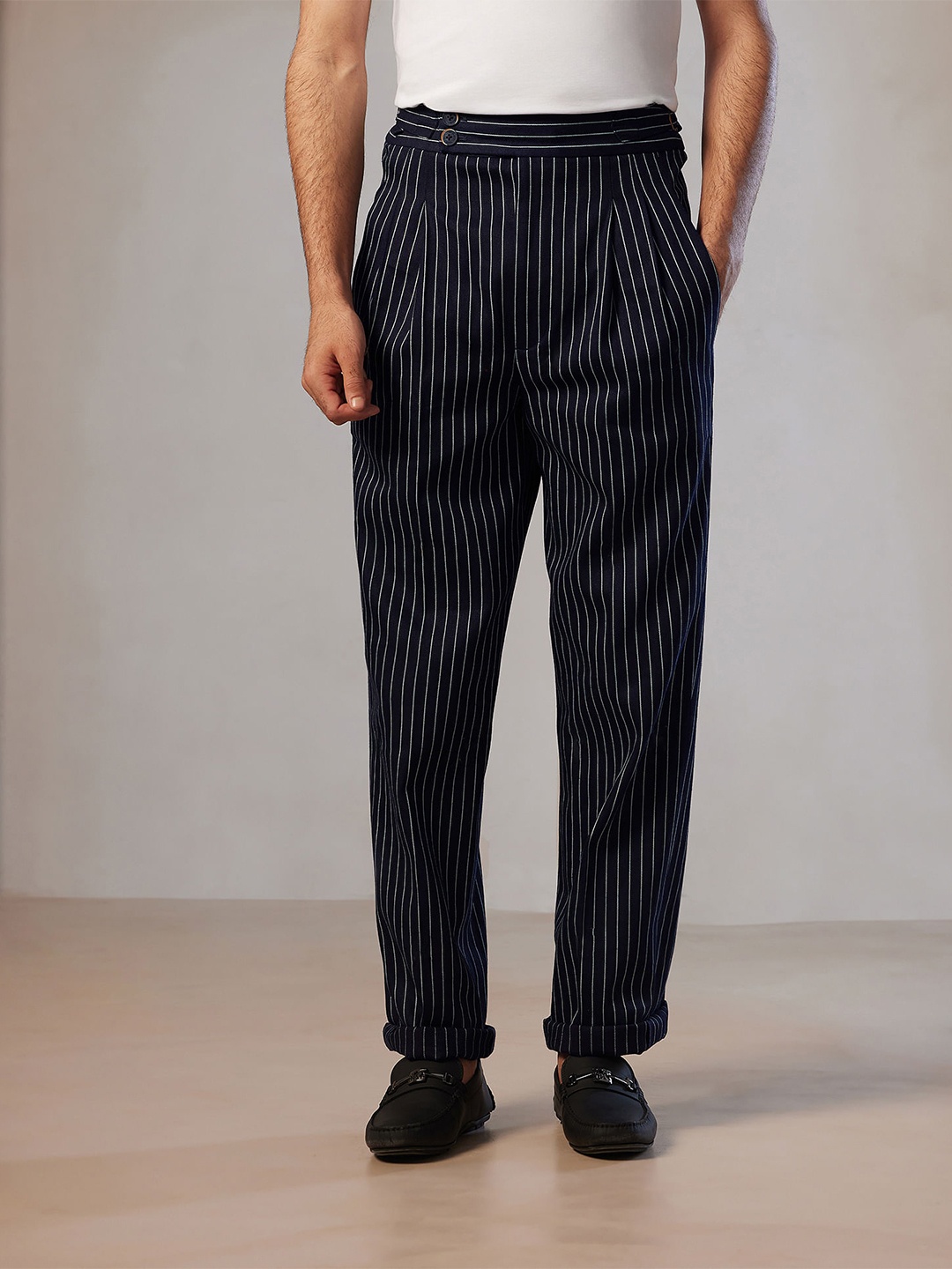 

U.S. Polo Assn. Men Striped Slim Fit High-Rise Pleated Trousers, Navy blue