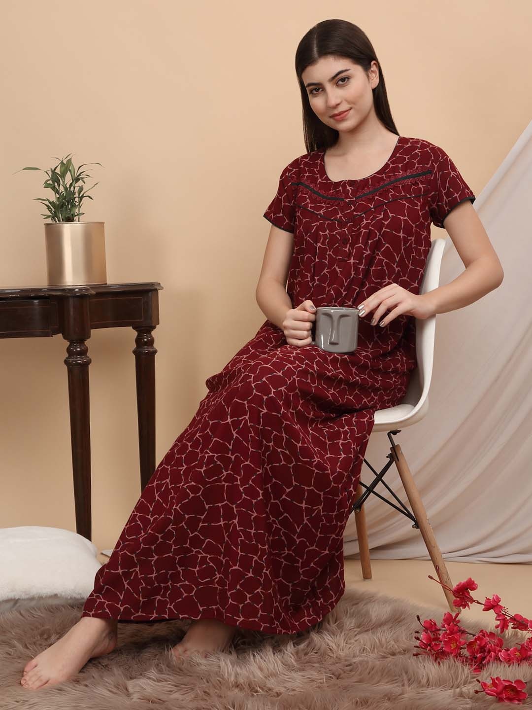 

Sweet Dreams Printed Pure Cotton Maxi Nightdress, Maroon