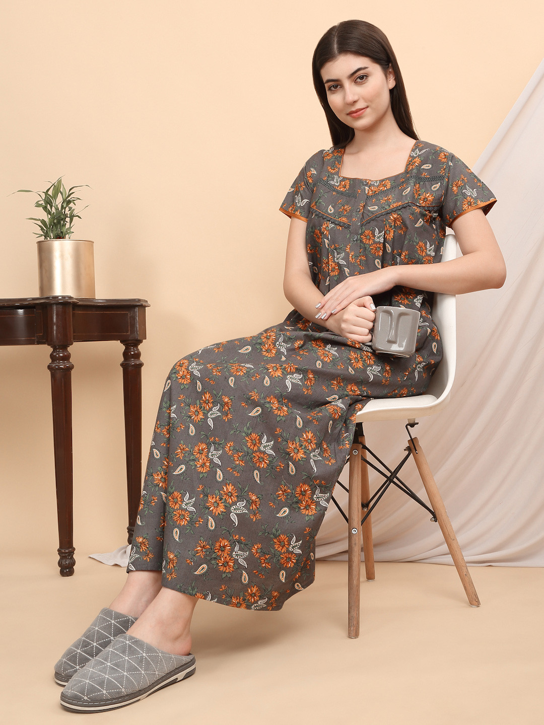 

Sweet Dreams Women Ethnic Motifs Printed Pure Cotton Everyday Maxi Nightdress, Grey