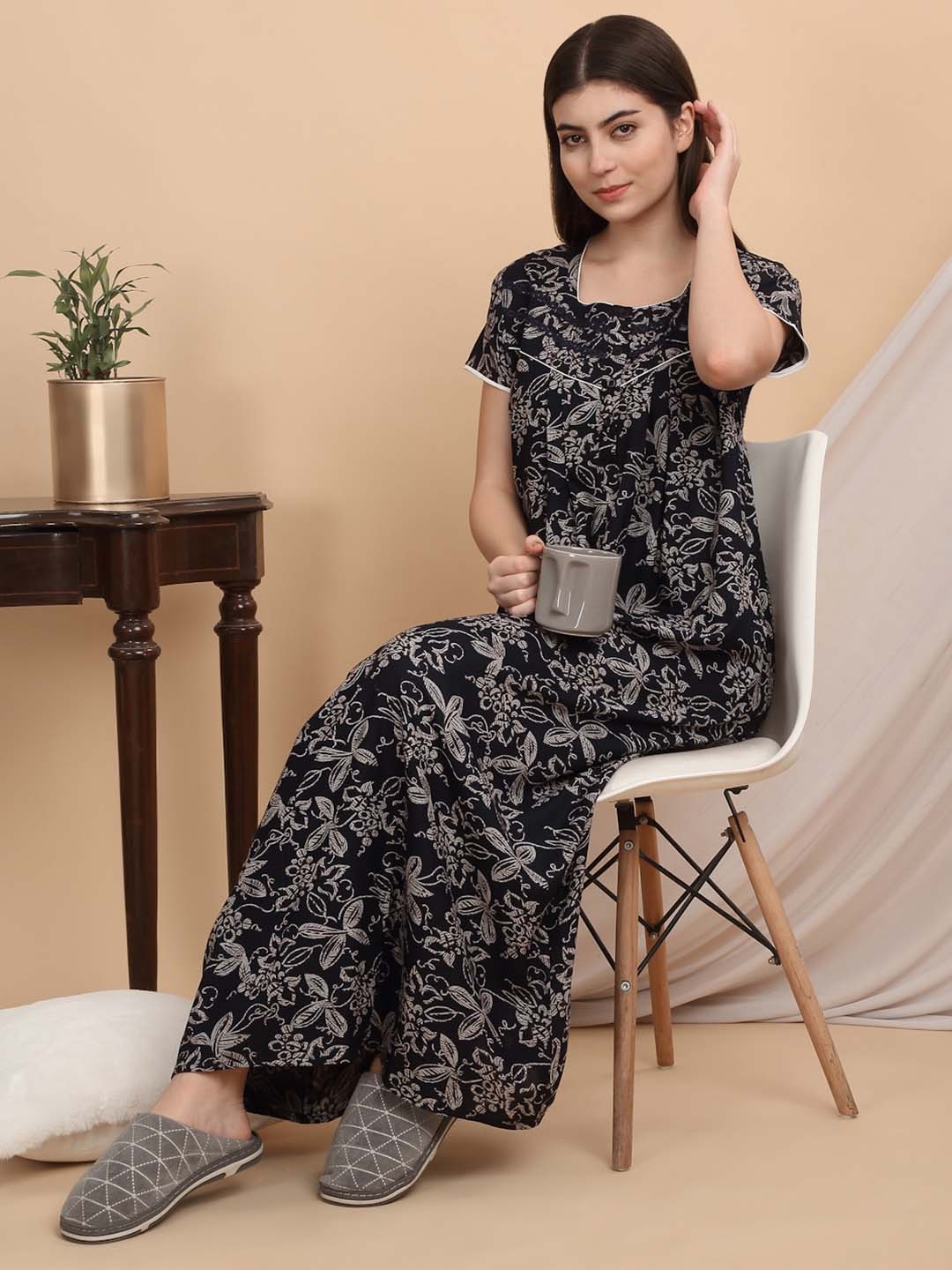 

Sweet Dreams Printed Pure Cotton Maxi Nightdress, Navy blue