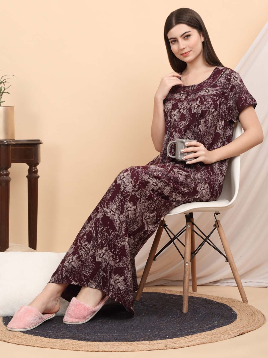 

Sweet Dreams Women Abstract Printed Pure Cotton Everyday Maxi Nightdress, Maroon