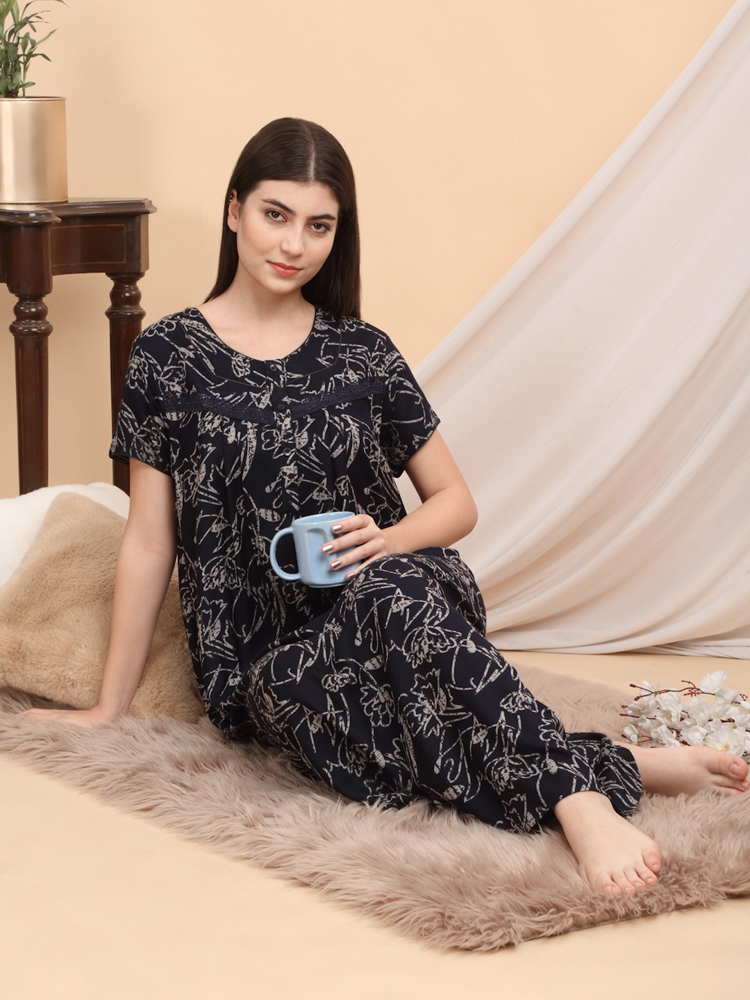 

Sweet Dreams Women Printed Pure Cotton Maxi Nightdress, Navy blue