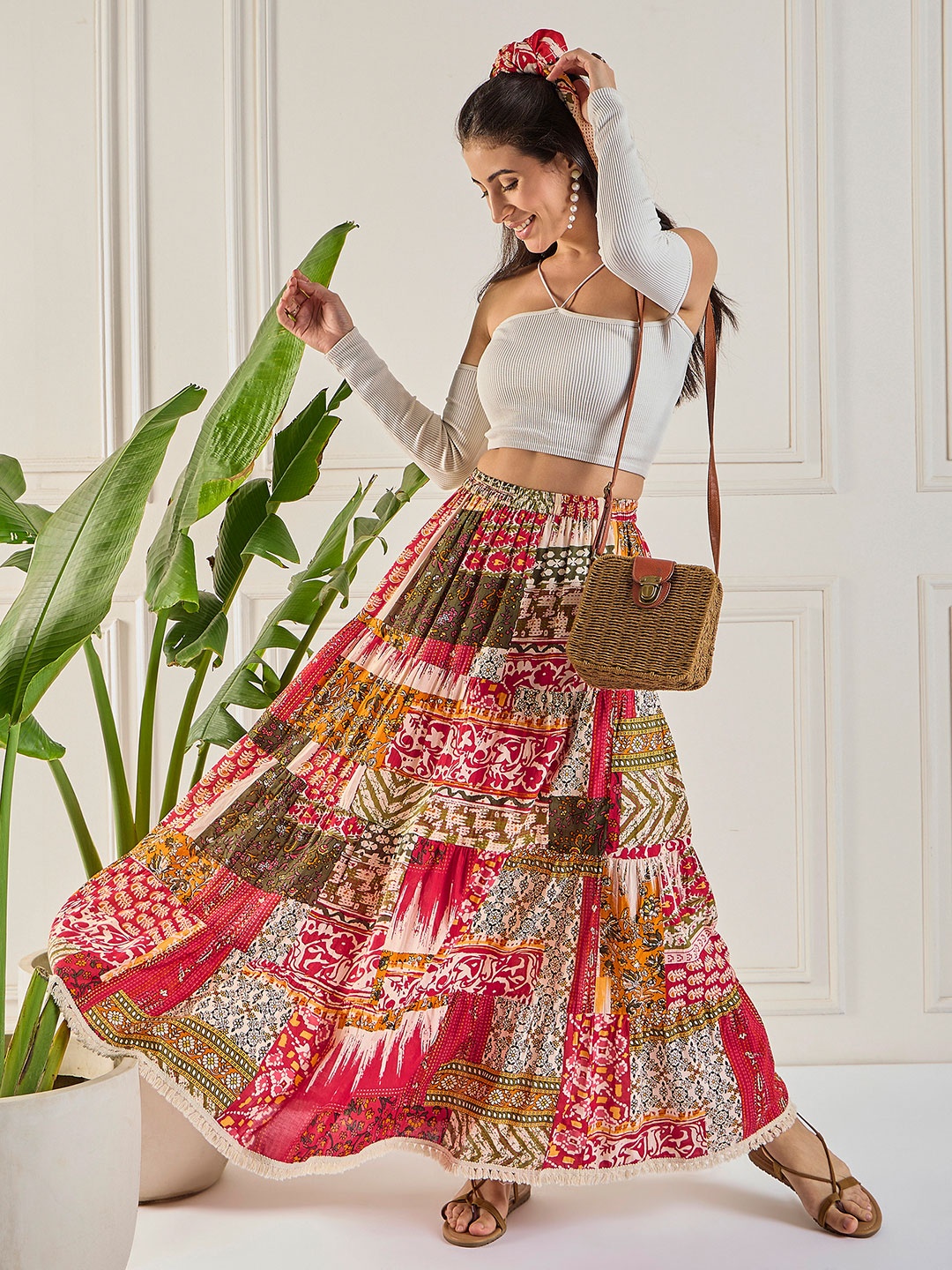 

WineRed Women Ethnic Motifs Printed Tiered Maxi Skirt, Green