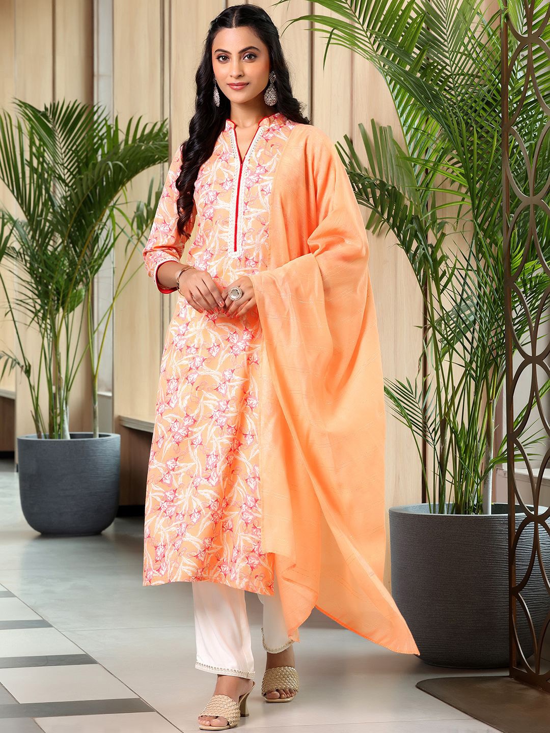 

Libas Floral Printed Gotta Patti Straight Kurta with Trousers & Dupatta, Orange