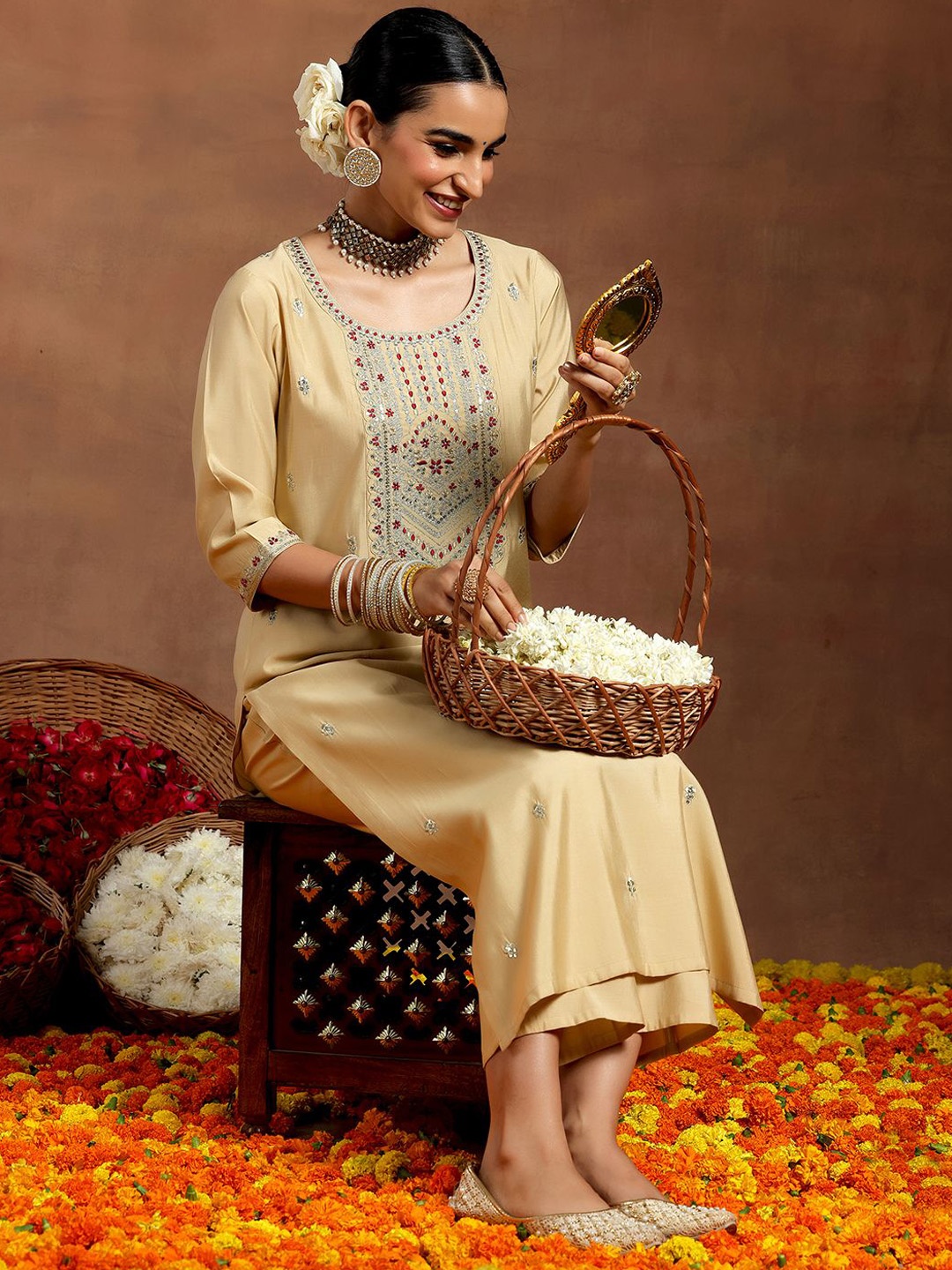 

Libas Floral Embroidered Regular Thread Work Straight Kurta with Trousers, Beige