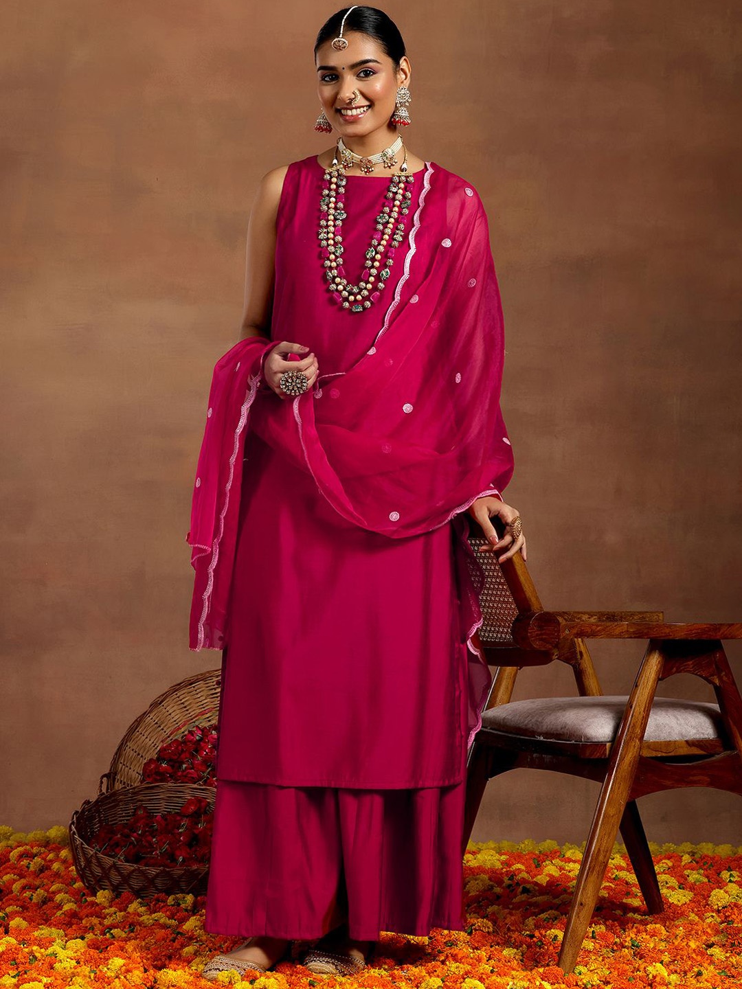 

Libas Straight Kurta with Palazzos & With Dupatta, Pink