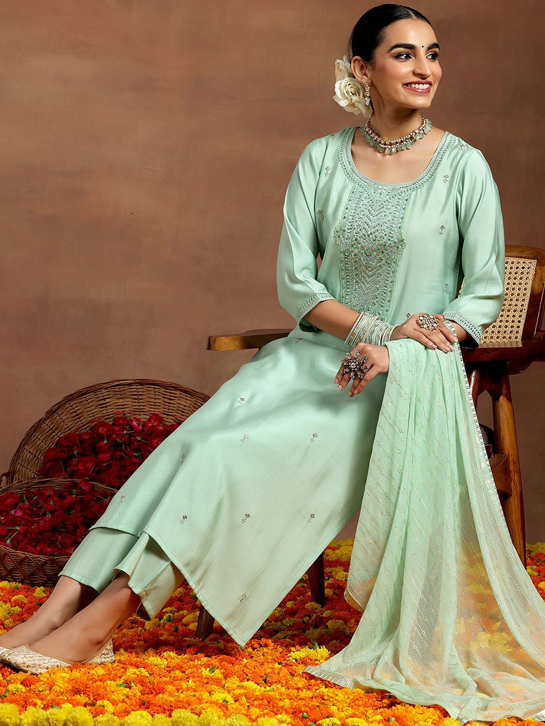 

Libas Ethnic Motifs Embroidered Sequinned Straight Kurta With Trouser & Dupatta, Sea green