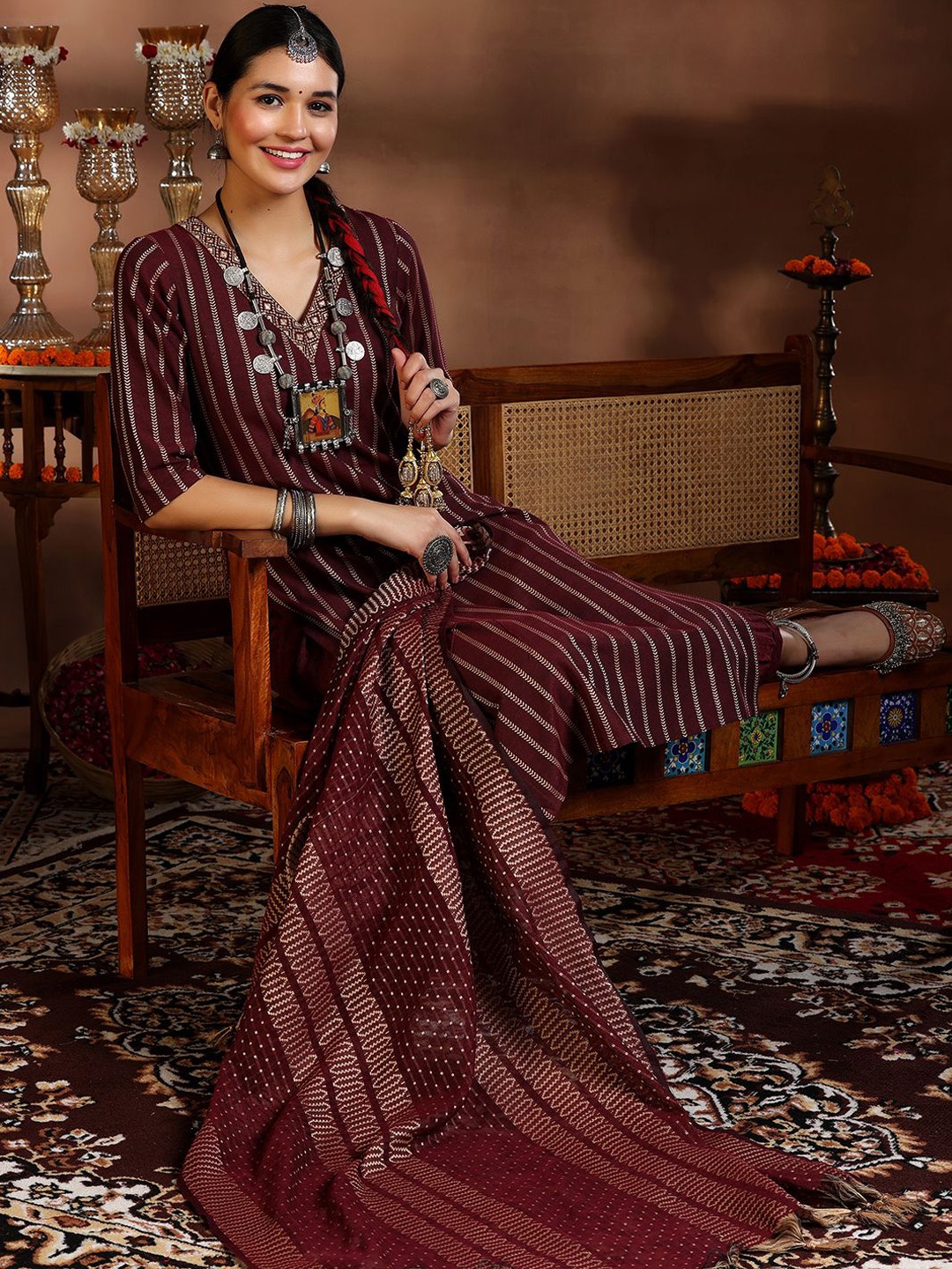 

Libas Striped Thread Work Straight Kurta with Salwar & Dupatta, Maroon