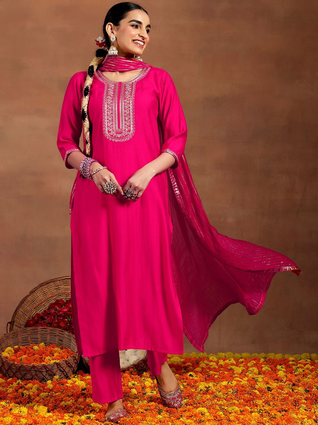 

Libas Floral Yoke Design Sequinned Straight Kurta With Trouser & Dupatta, Pink