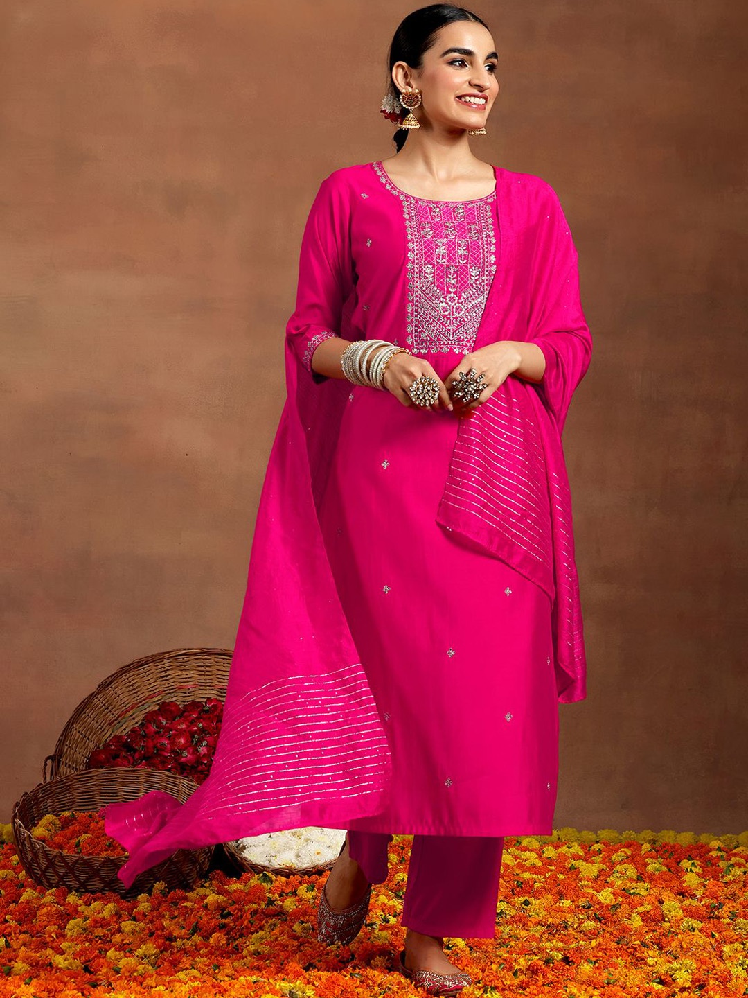 

Libas Floral Embroidered Regular Zari Straight Kurta with Trousers & Dupatta, Pink