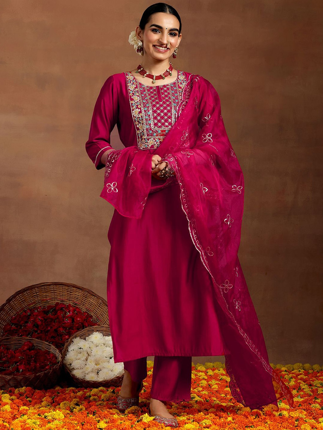 

Libas Ethnic Motifs Yoke Design Sequinned Straight Kurta With Trouser & Dupatta, Pink