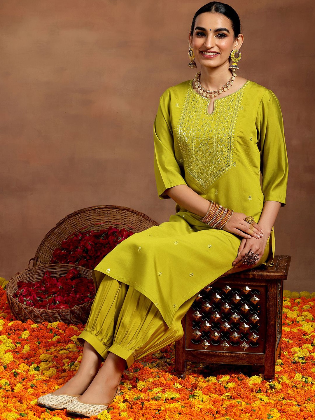 

Libas Floral Embroidered Straight Sequinned Kurta with Salwar, Lime green