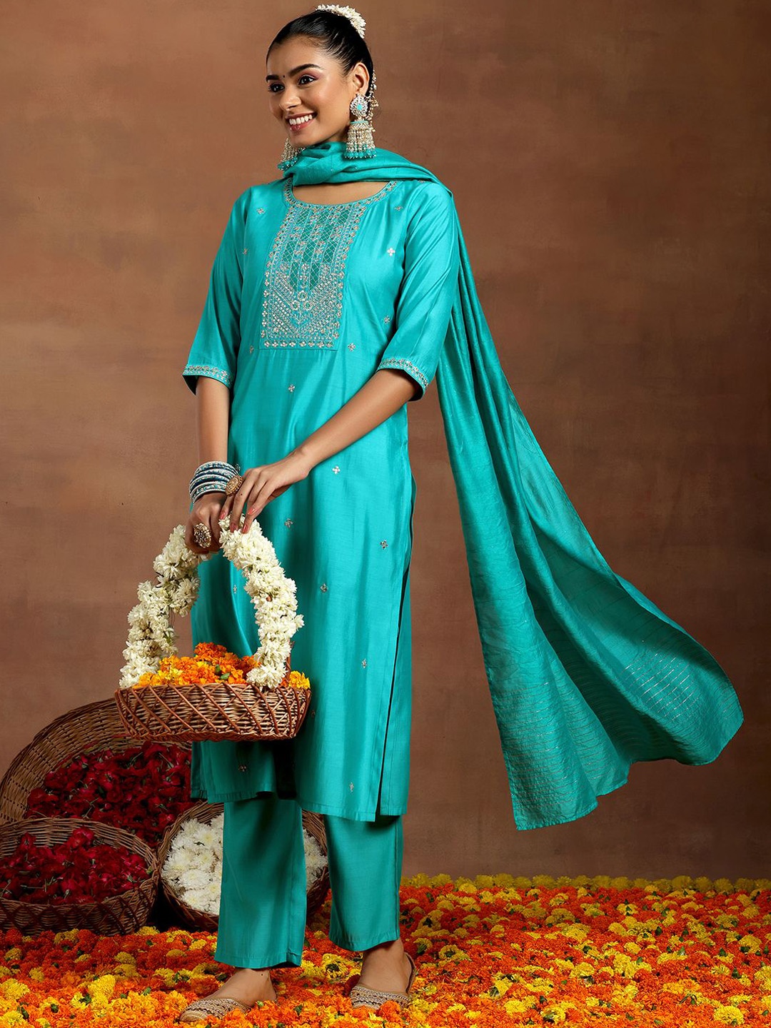 

Libas Floral Embroidered Sequinned Straight Kurta With Trouser & Dupatta, Blue