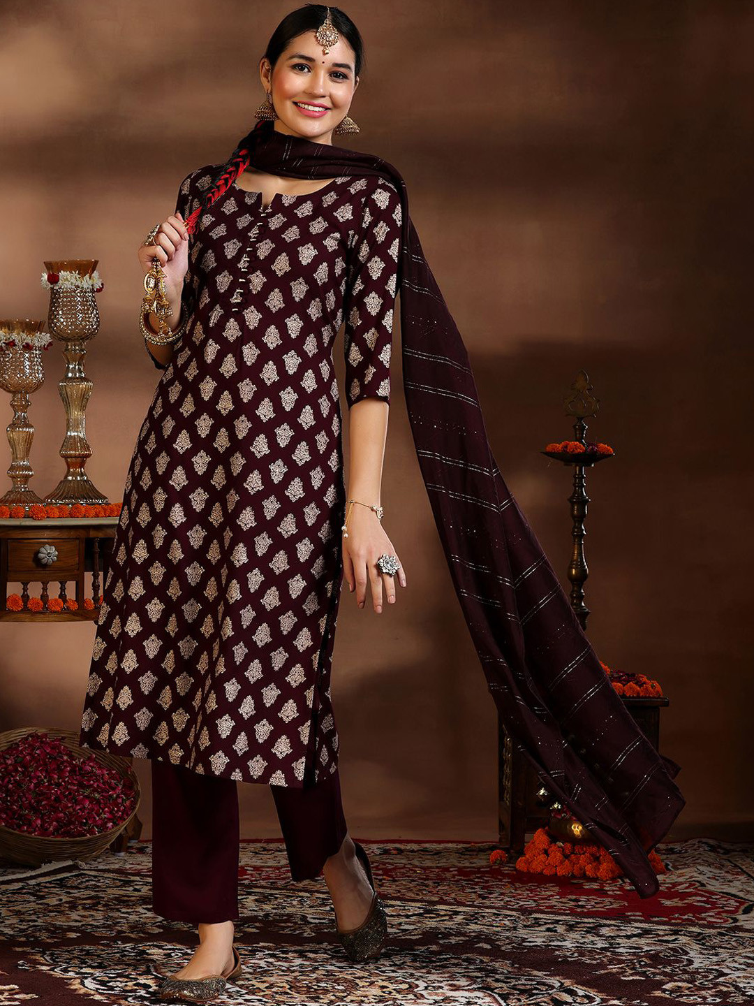 

Libas Ethnic Motifs Printed Straight Kurta With Trousers & Dupatta, Burgundy