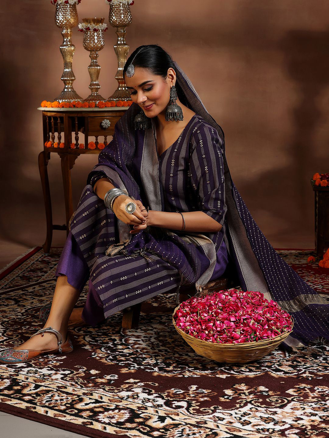 

Libas Ethnic Motifs Regular Straight Kurta with Trousers & Dupatta, Purple