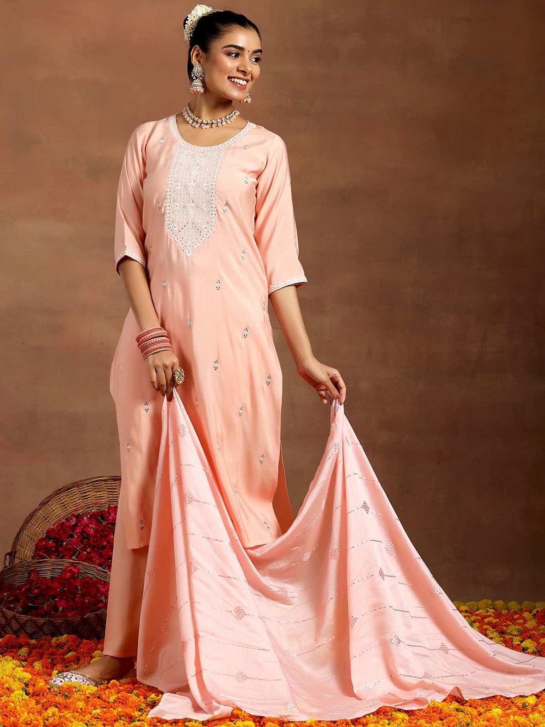 

Libas Floral Embroidered Sequinned Straight Kurta With Trouser & Dupatta, Peach