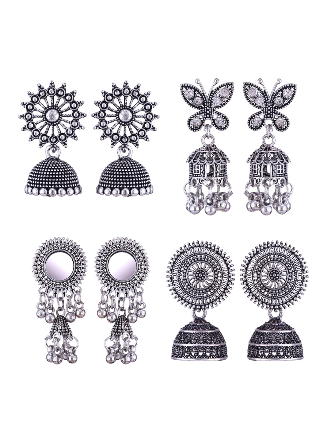 

DIVASTRI Set Of 4 Silver-Plated Stone Studded & Beaded Peacock Shaped Oxidised Jhumkas