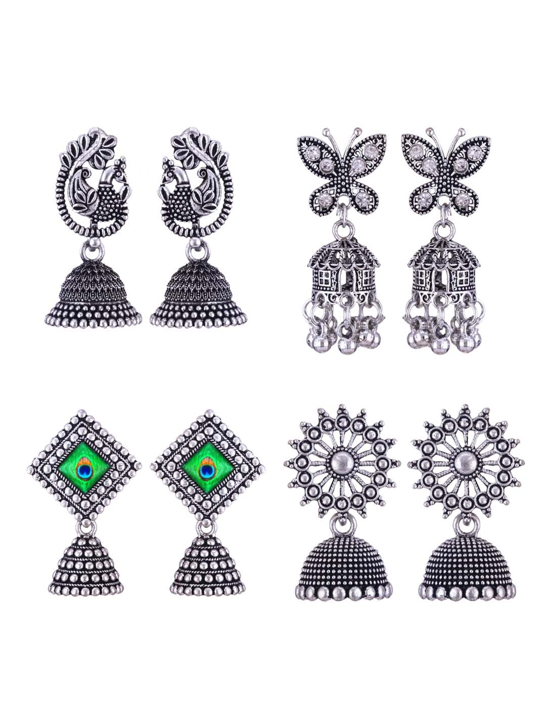 

DIVASTRI Set Of 4 Silver Plated Dome Shaped Oxidised Jhumkas