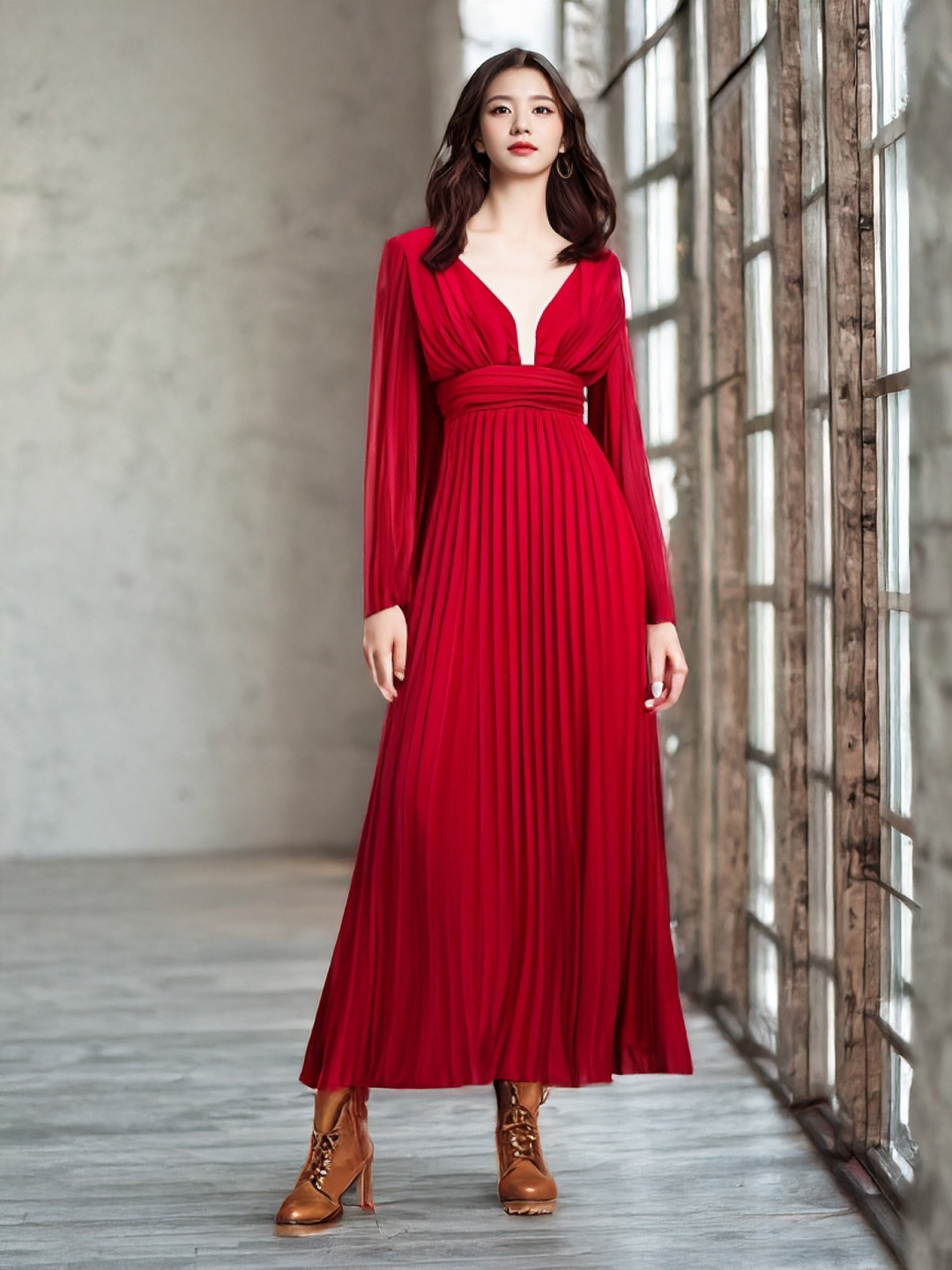 

KPOP Women Bell Sleeve A-Line Maxi Dress, Red
