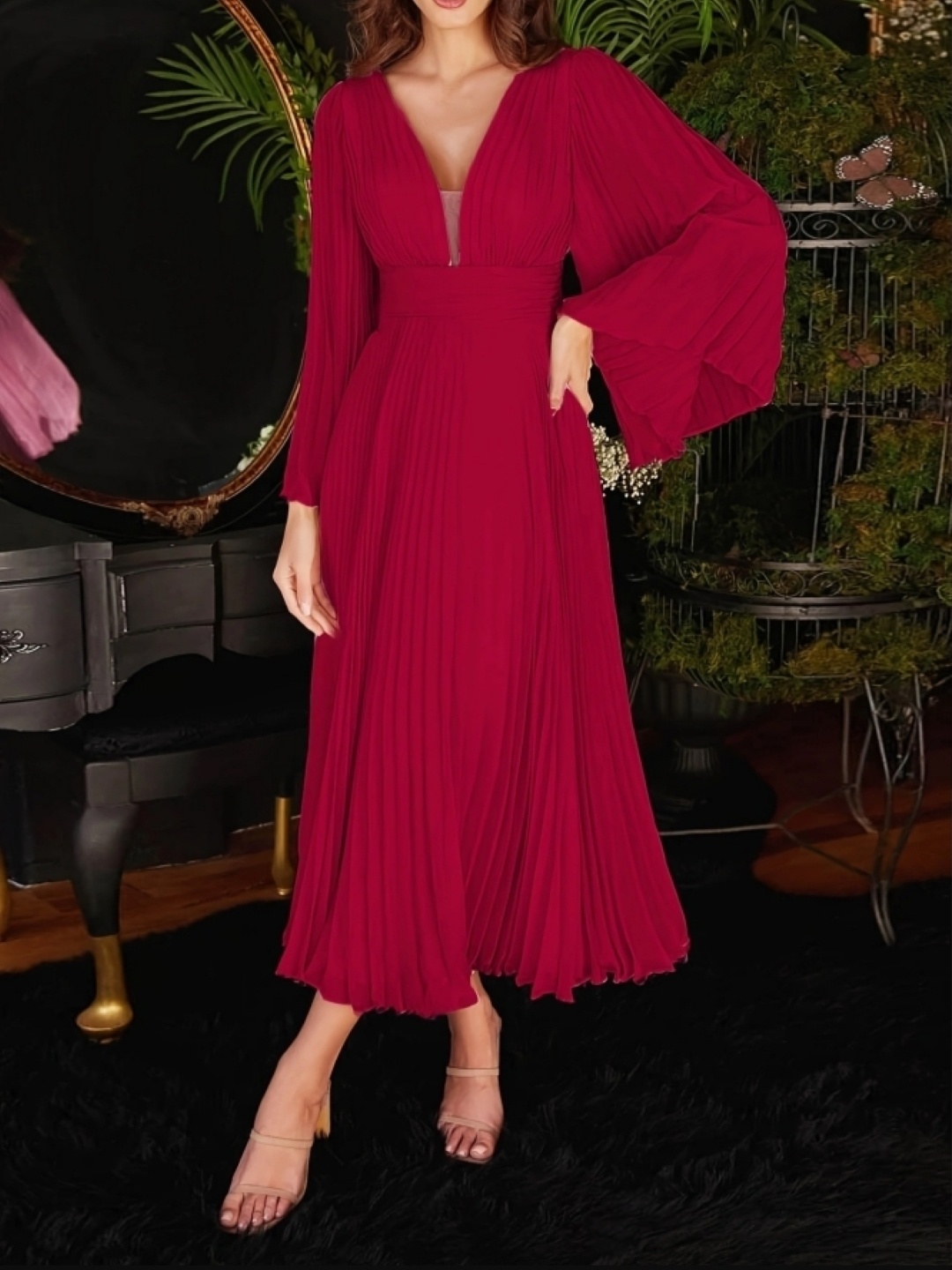 

KPOP Bell Sleeve A-Line Maxi Dress, Red