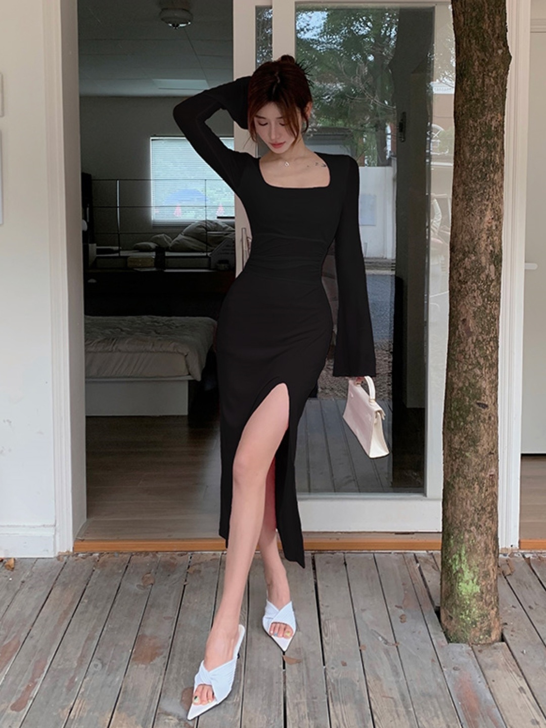 

KPOP Solid Square Neck Bell Sleeve A-Line Midi Dress, Black