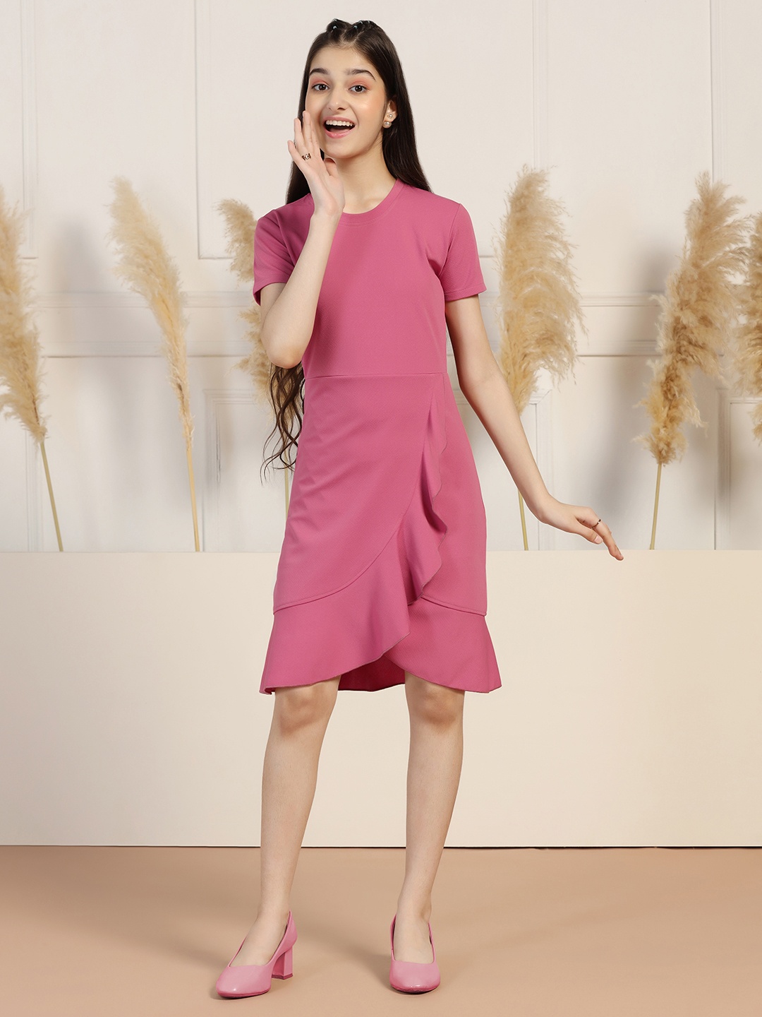 

OMPAX Girls A-Line Round Neck Short Sleeves Dress, Pink