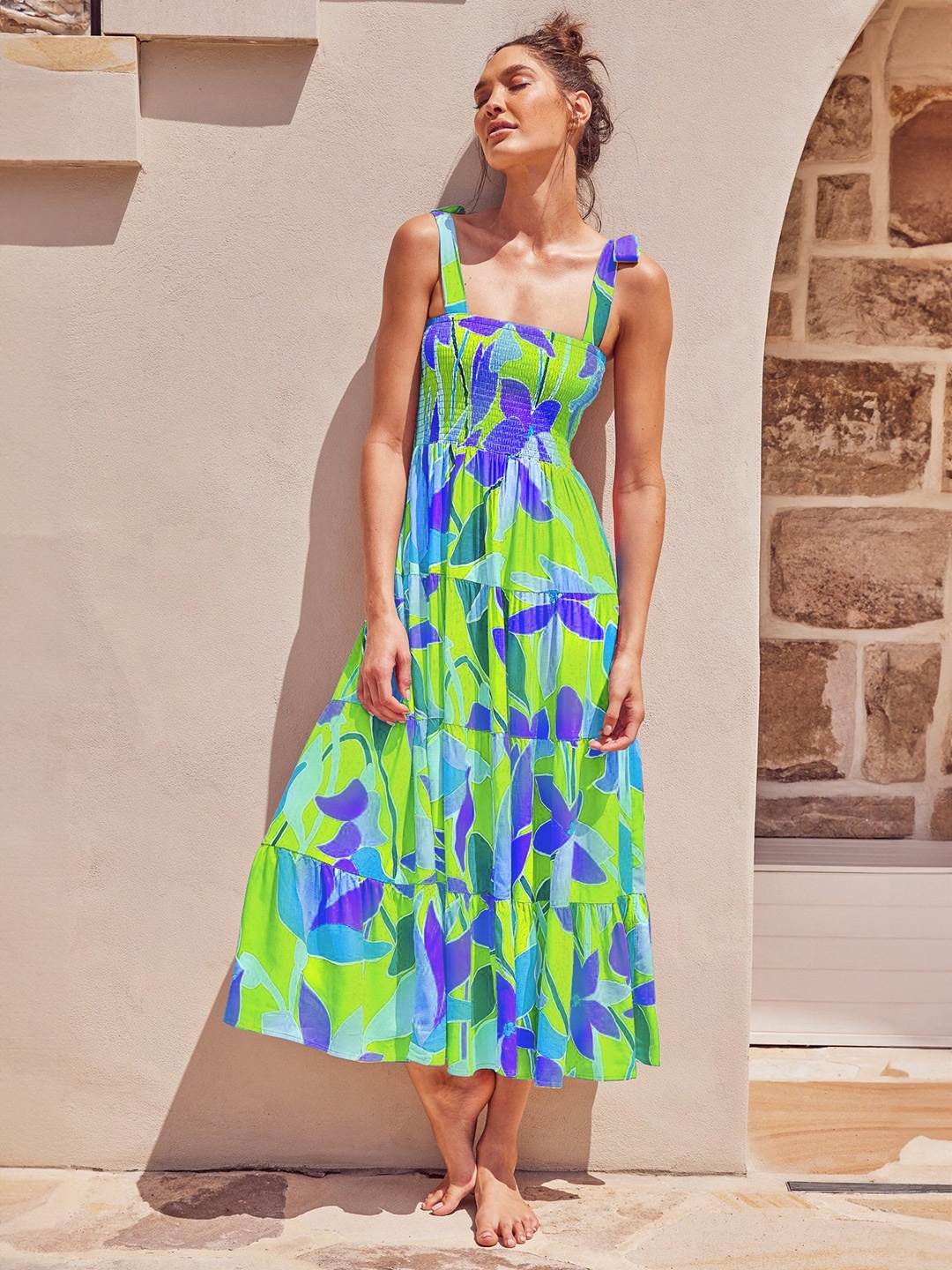 

KPOP Floral Print A-Line Maxi Dress, Green