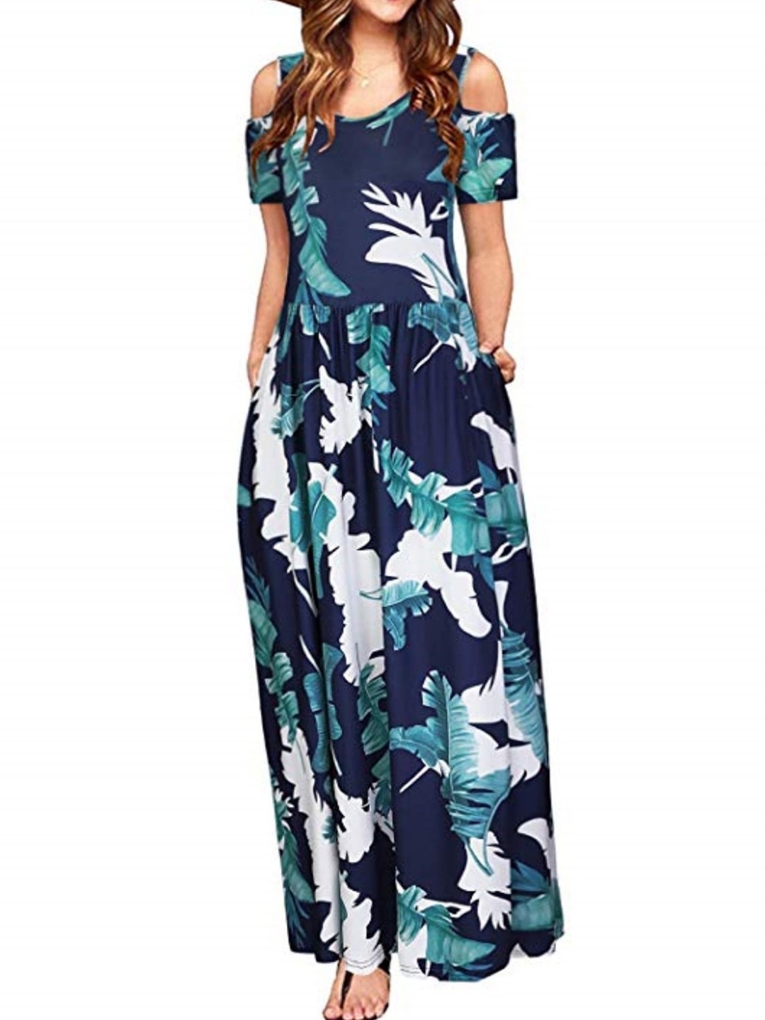 

KPOP Women Topical Printed Round Neck Cold-Shoulder Maxi Dress, Navy blue