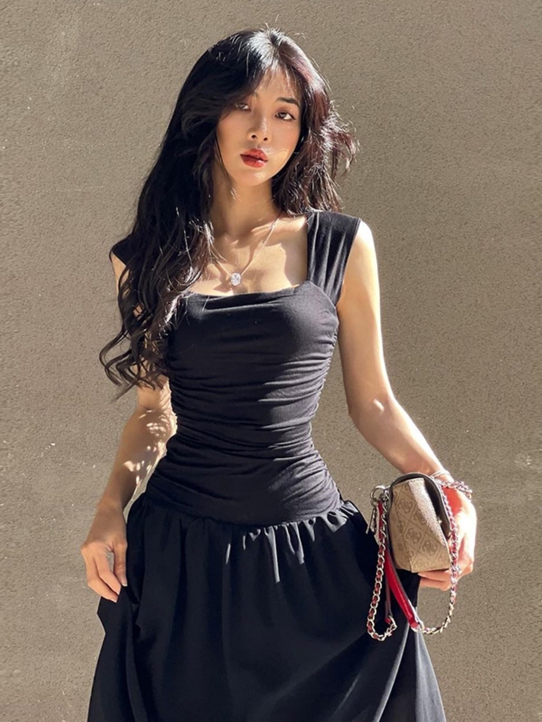 

KPOP Women Shoulder Straps Square Neck Maxi Dress, Black