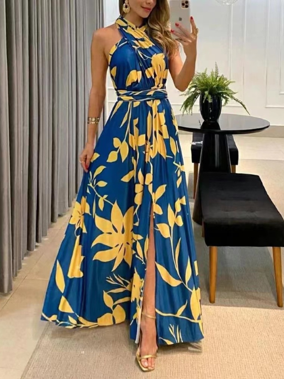 

KPOP Floral Printed Halter Neck Maxi Dress With Front Slit Detailing, Blue