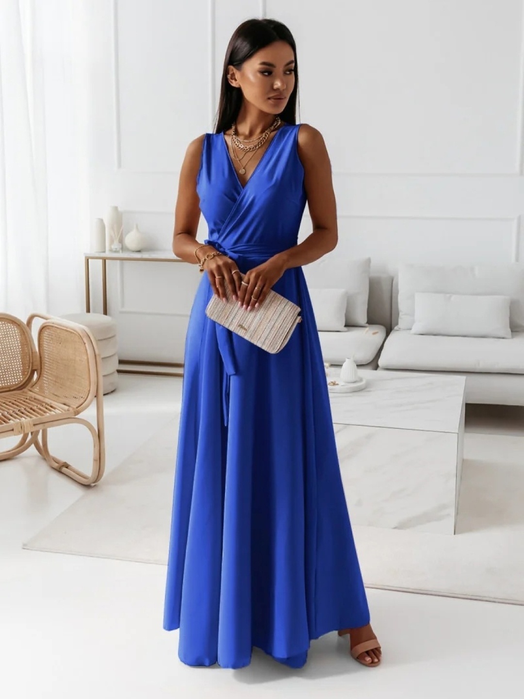 

KPOP Women Maxi V-Neck Sleeveless Dress, Blue