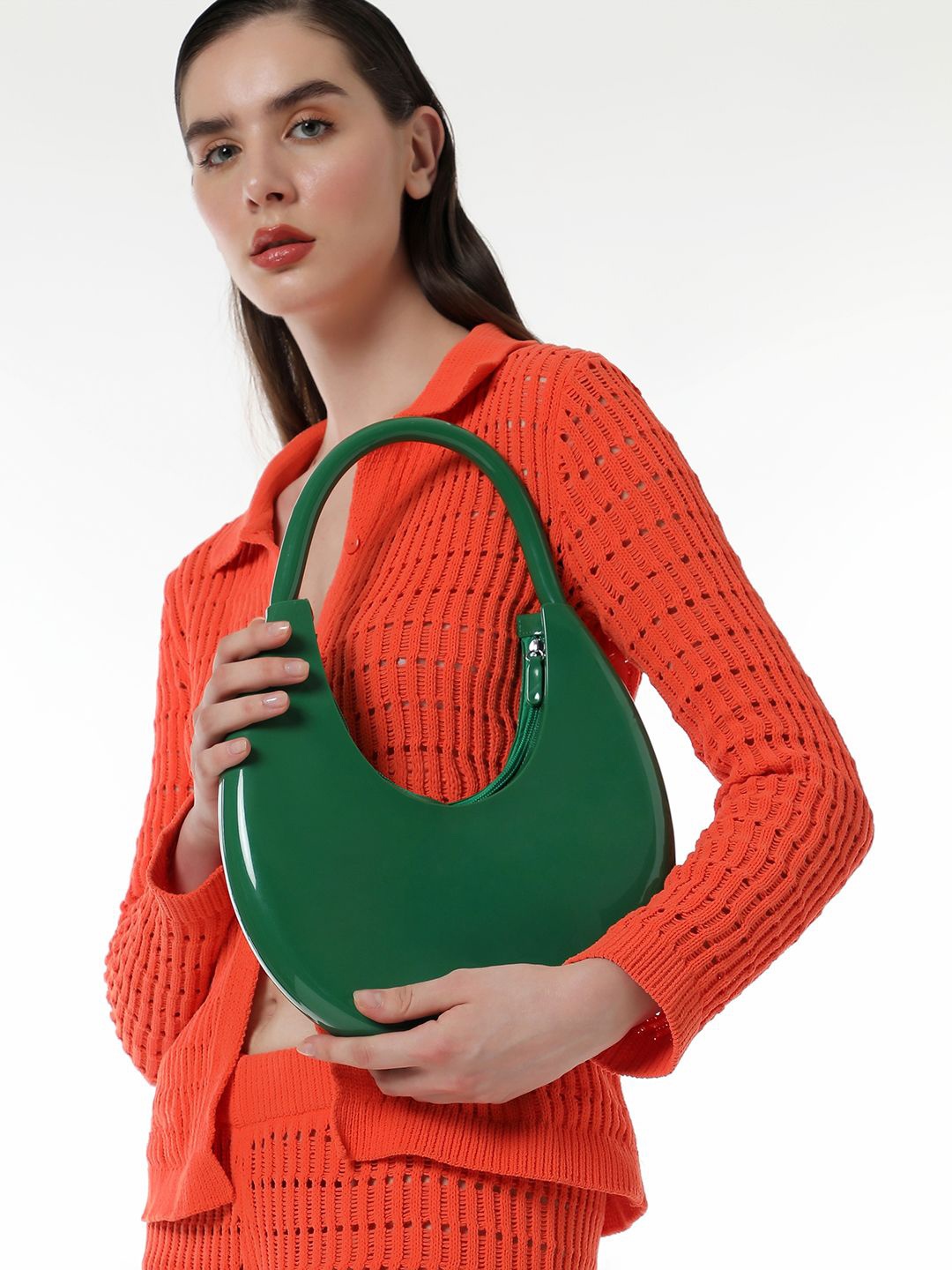 

HAUTE SAUCE by Campus Sutra Women Leather Half Moon Hobo Bag, Green