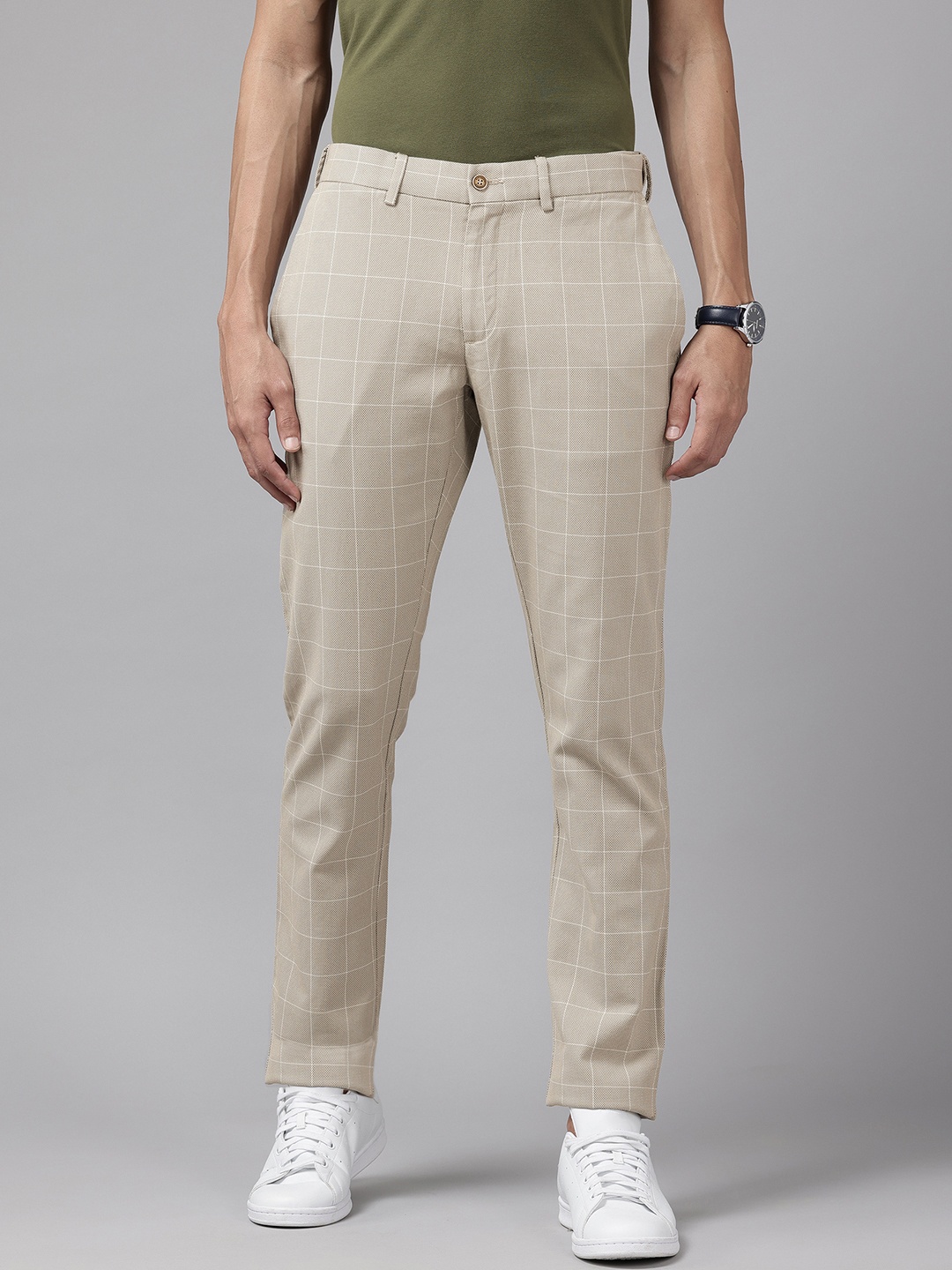 

Blackberrys Men Checked Slim Fit Trousers, Beige