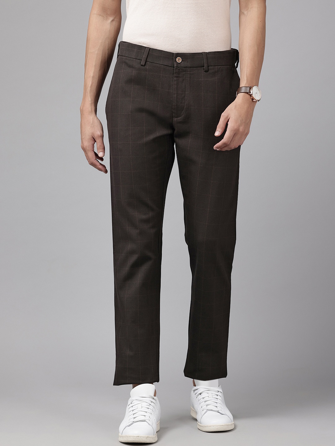

Blackberrys Men Checked Slim Fit Trousers, Brown