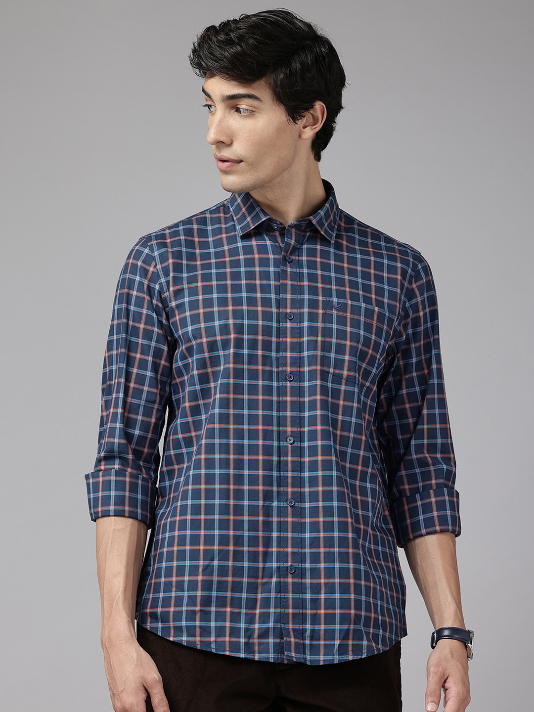 

Blackberrys Cotton Skinny Fit Tartan Checks Opaque Checked Casual Shirt, Navy blue