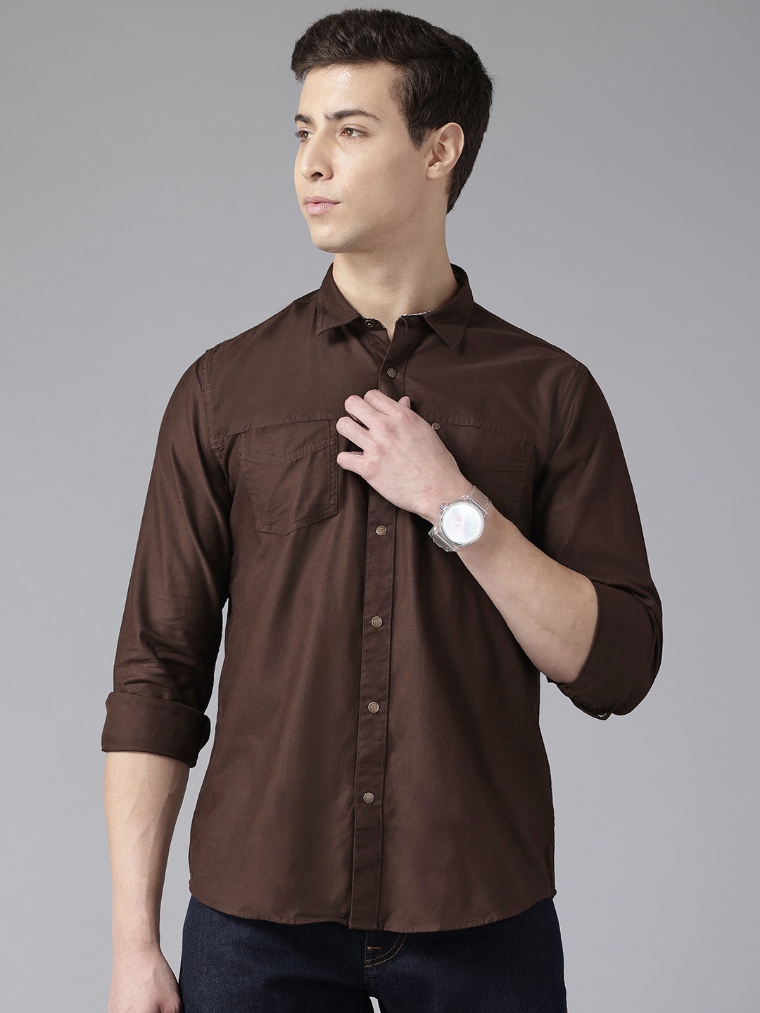 

Blackberrys Pure Cotton Slim Fit Twill Casual Shirt With Pocket Detailing, Coffee brown