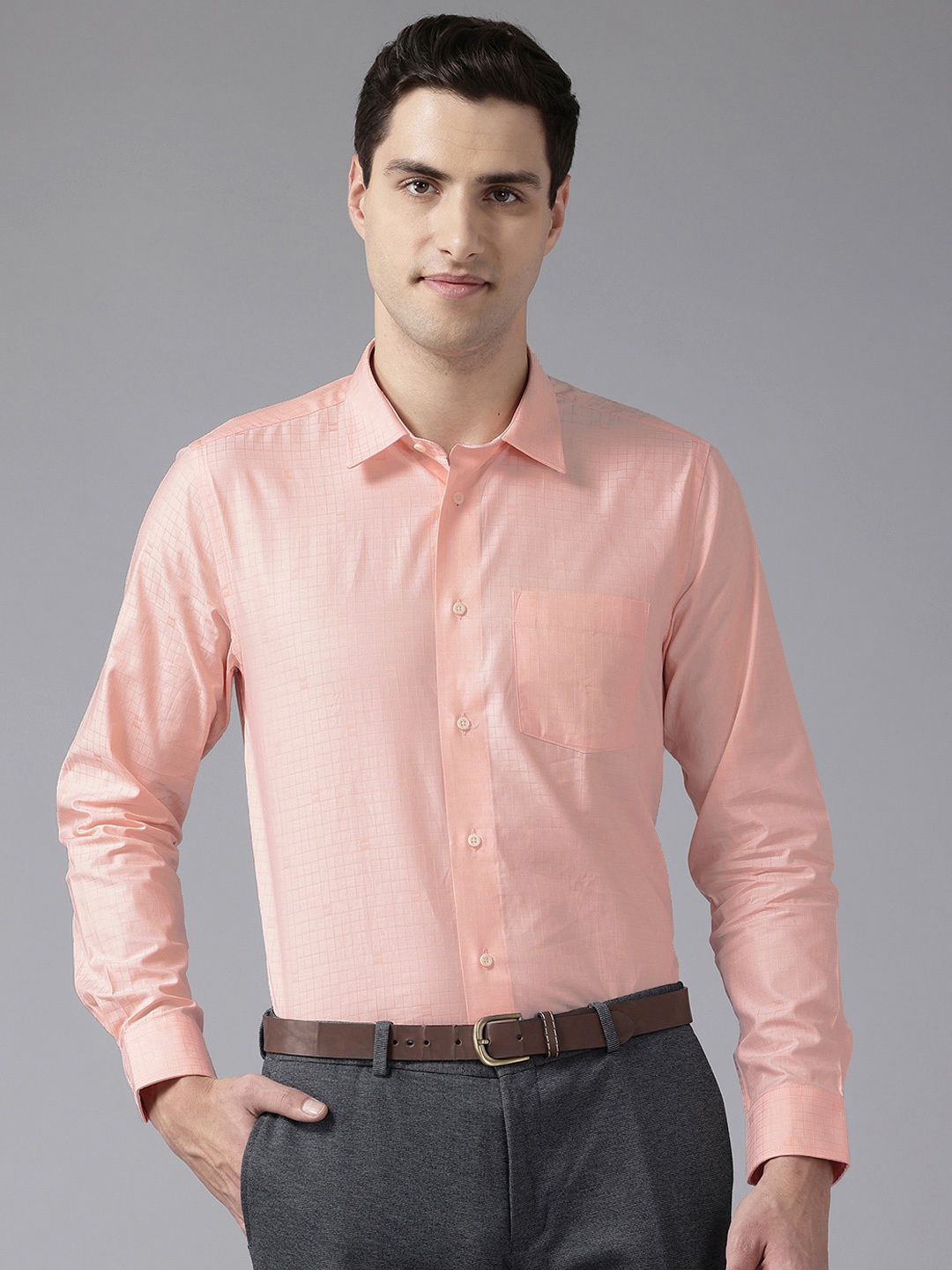 

Blackberrys India Slim Fit Checked Pure Cotton Formal Shirt, Peach