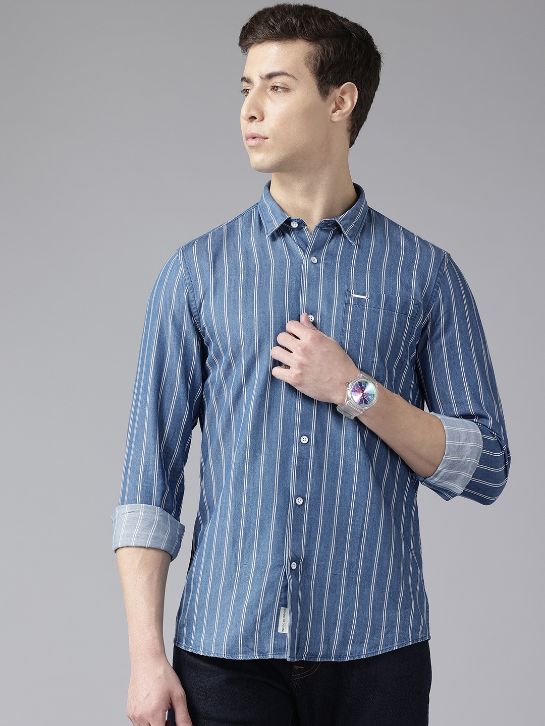 

Blackberrys Slim Fit Striped Pure Cotton Casual Shirt, Blue