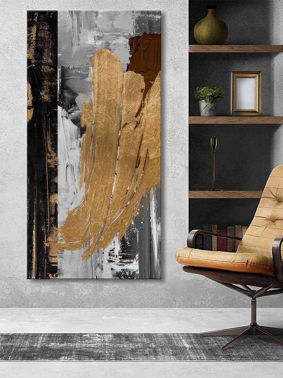 

999Store Grey & Gold-Toned Canvas Abstract Wall Paintings