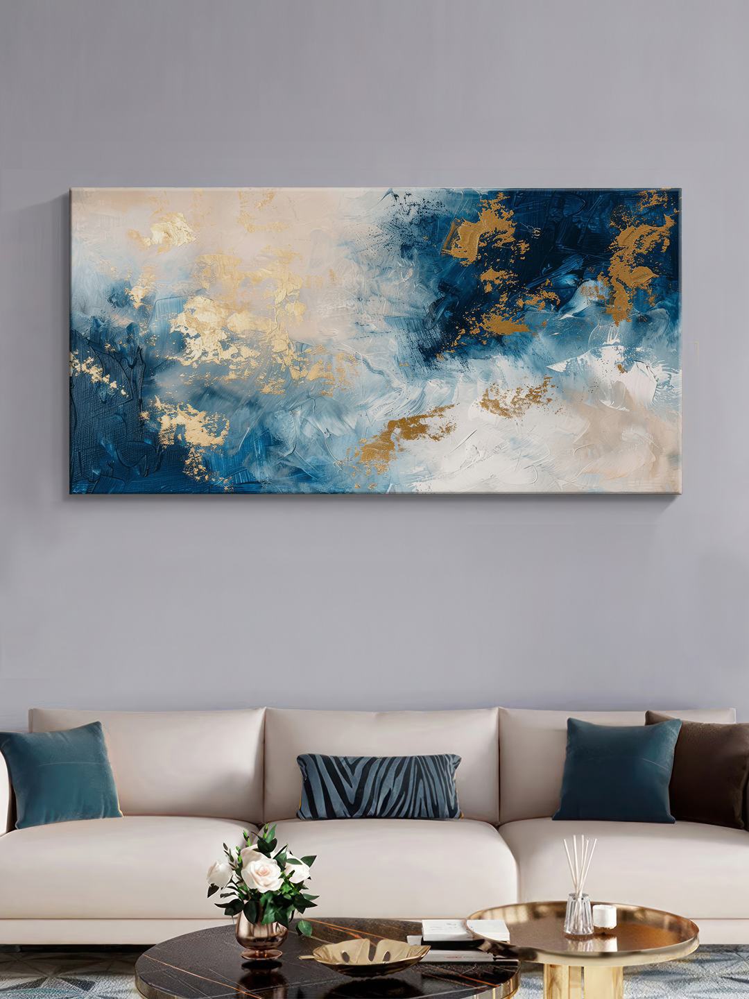 

999Store Off White & Blue Canvas Abstract Wall Painting