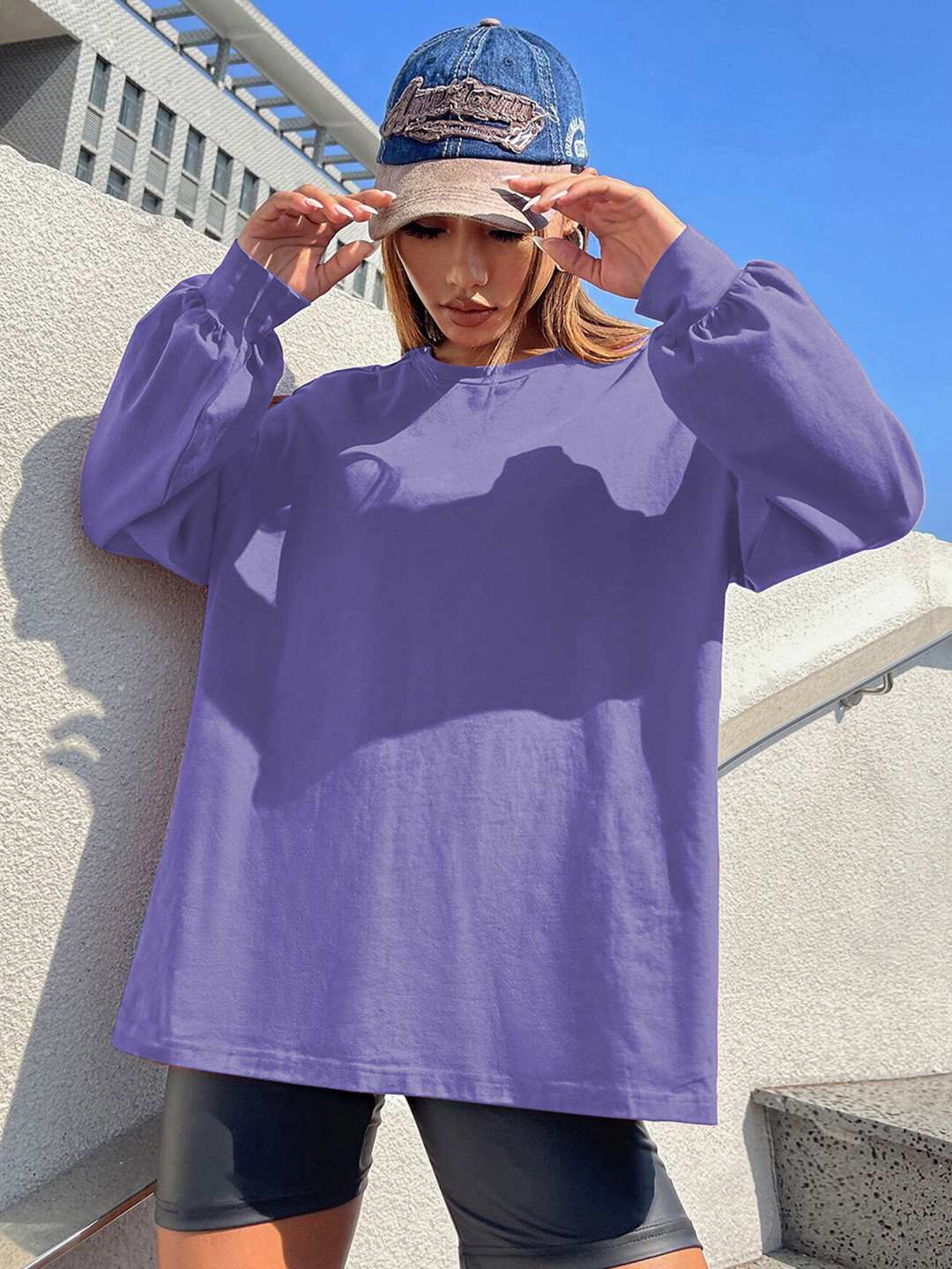 

CHKOKKO Oversized Cotton Solid Round Neck Tshirts for Women, Purple