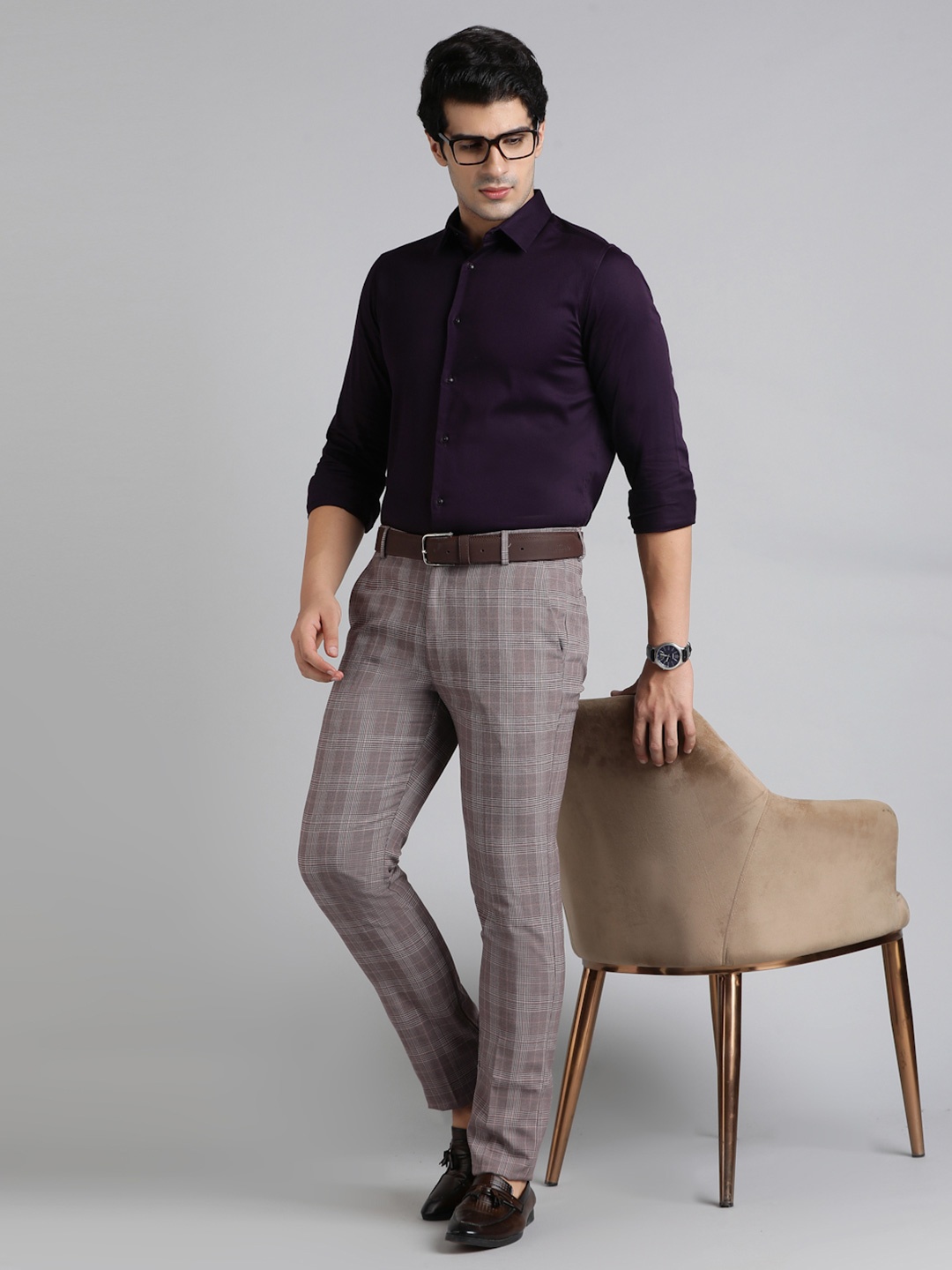 

SUBTRACT Men Checked Slim Fit Wrinkle Free Trousers, Lavender