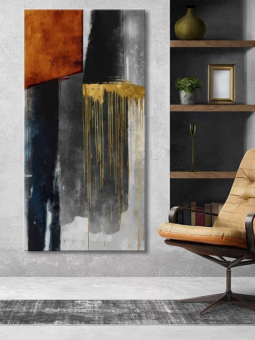 

999Store Orange & Black Canvas Abstract Wall Painting