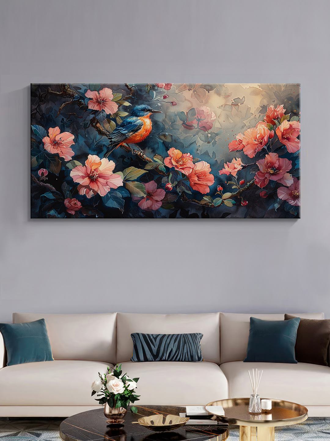 999Store Blue & Pink Canvas Floral and Botanical Wall Paintings