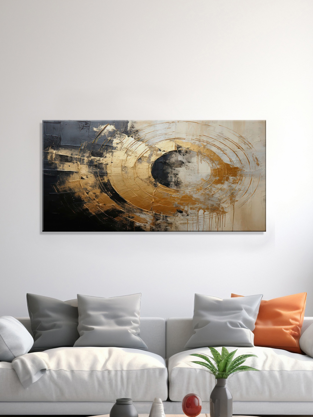 

999Store Grey & Gold-Toned Canvas Abstract Wall Painting