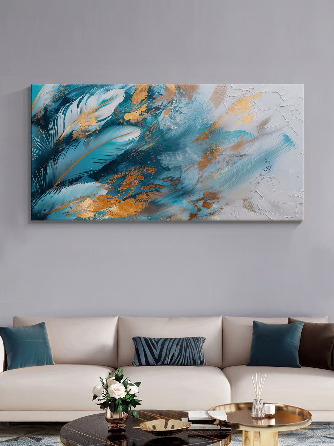 

999Store Blue & Gold-Toned Canvas Abstract Wall Painting