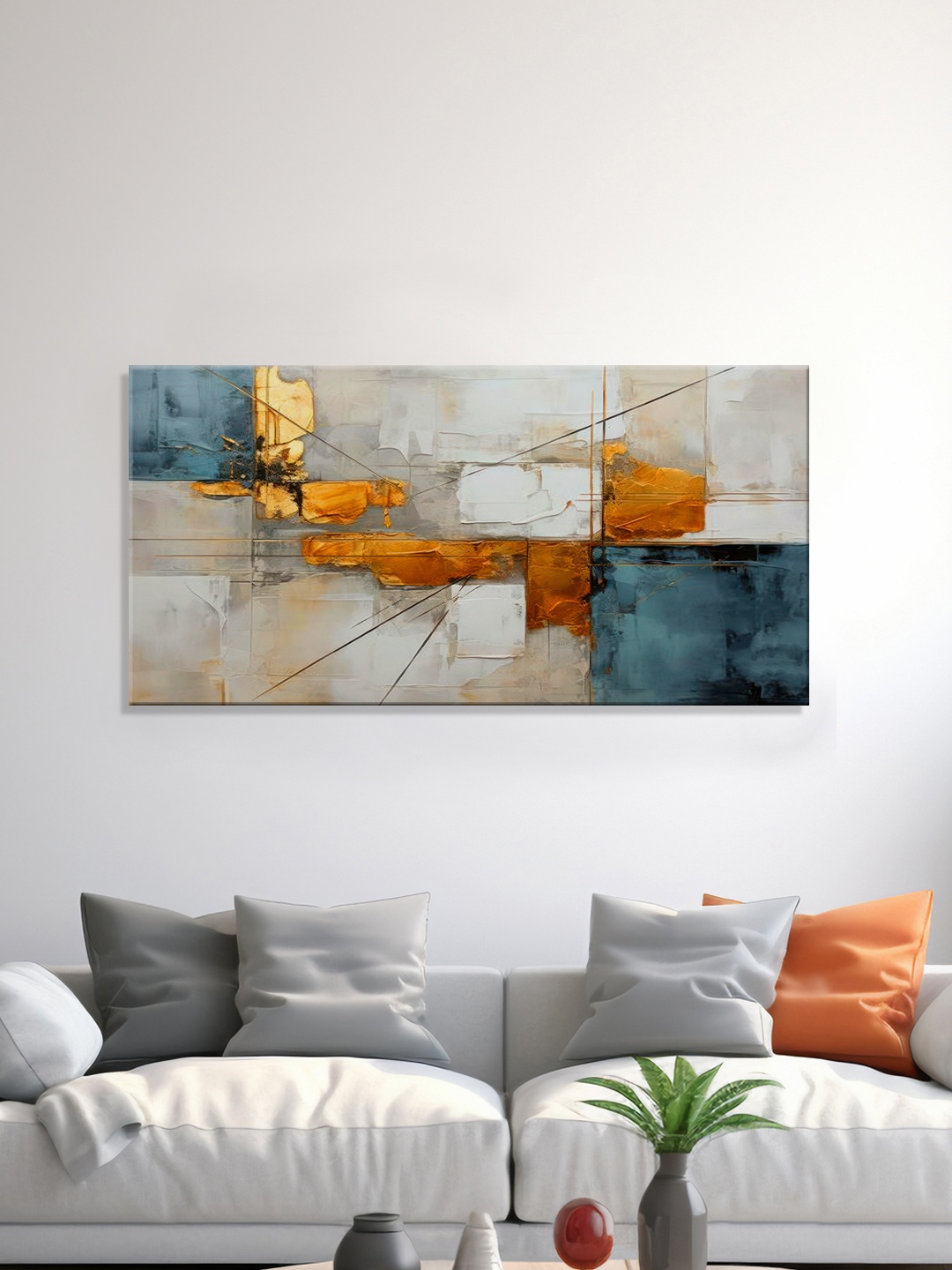 

999Store Orange & Blue Canvas Abstract Wall Painting