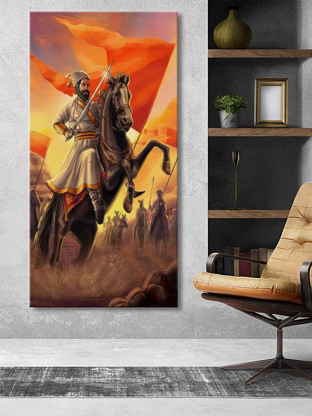 

999Store Brown & Orange Shivaji Maharaj Canvas Painting Wall Art