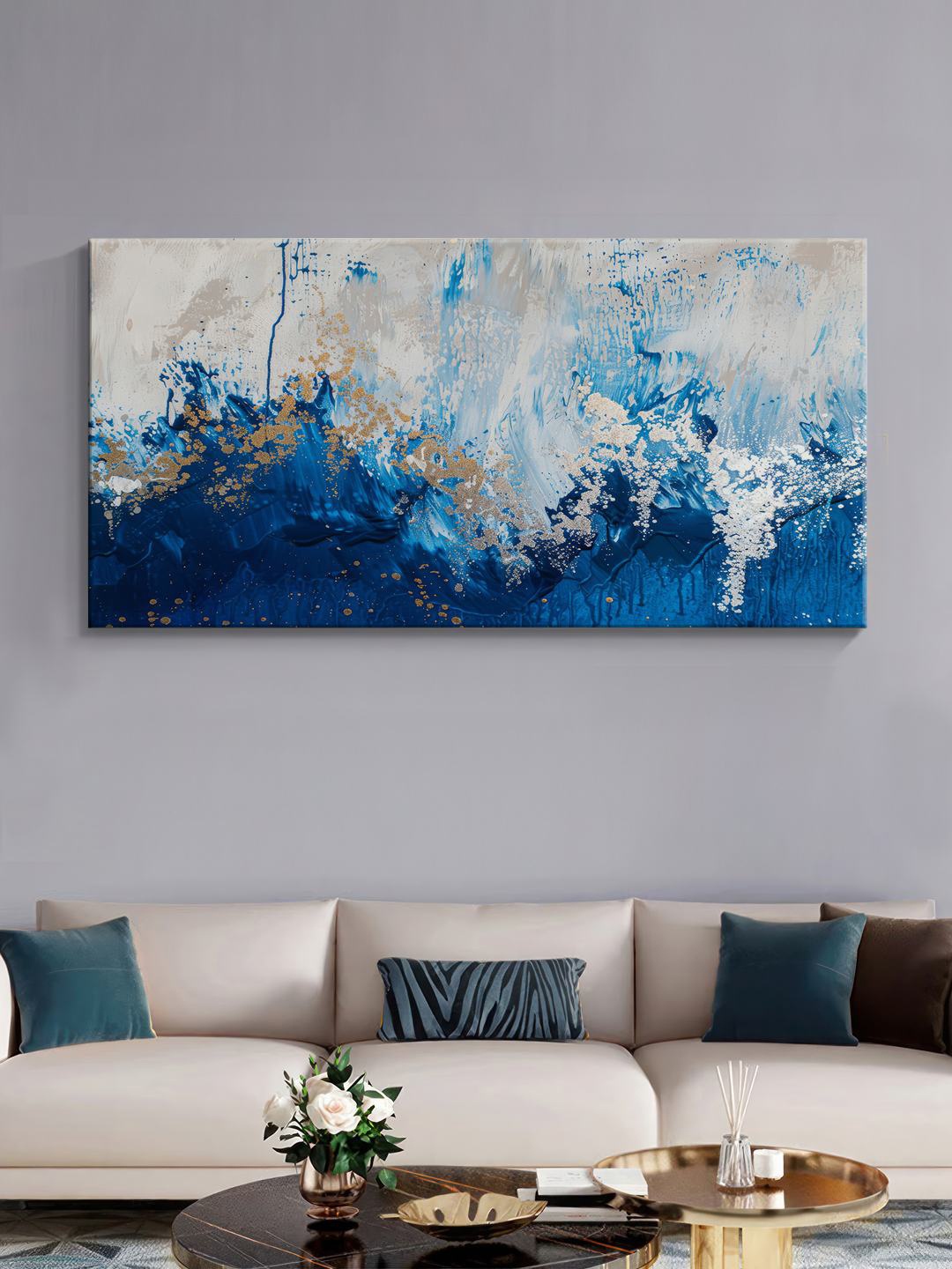 

999Store Blue & Gold-Toned Canvas Abstract Wall Painting
